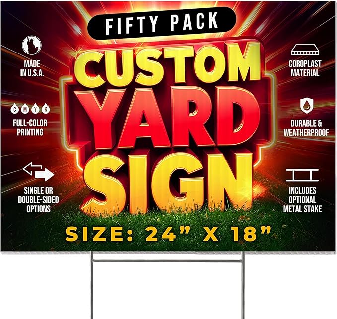 50 Pack 24"x18" Custom Yard Signs with Stakes, Personalized Yard Signs for Outdoors, Customized Full Color Print Corrugated Signs for Business-CasaMuseHome