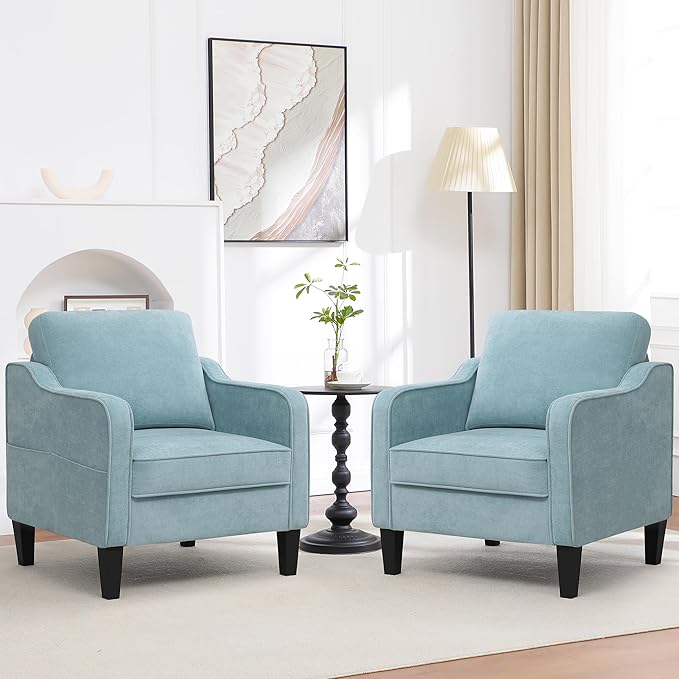 Accent Chairs Set of 2, Upholstered Living Room Chairs with Side Pockets, Mid Century Modern Reading Chair for Bedroom, Comfy Armchair Single Sofa Side Chair for Office, Small Room, Teal Green-CasaMuseHome