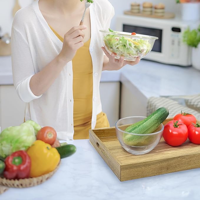 3 Pack Acacia Wood Serving Tray with Handles, Decorative Serving Trays Platter for Breakfast in Bed, Lunch, Dinner, Patio, Ottoman, Coffee Table, BBQ, Party, Great for Lap &Couch (Set of 3)-CasaMuseHome