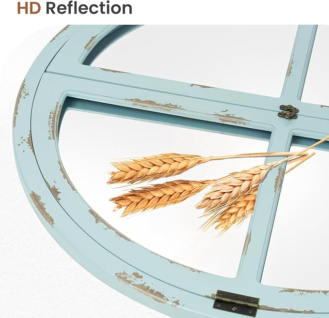 30" Round Window Mirror, Vintage Coastal Wall Mirror with Distressed Blue Wood Frame & Faux Windowpanes, Farmhouse Cottagecore Decor for Living Room, Entryway, or Dining Room-CasaMuseHome
