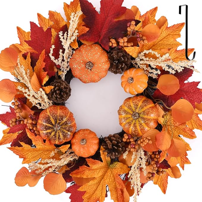 20 Inch Thanksgiving Fall Wreath, Berries Pumpkins Maple Leaves Pine Cones Autumn Wreaths with Hook for Front Door, Fall Decor, Porch Wall Home Outdoor Holiday Decorations Wreath for Autumn-CasaMuseHome