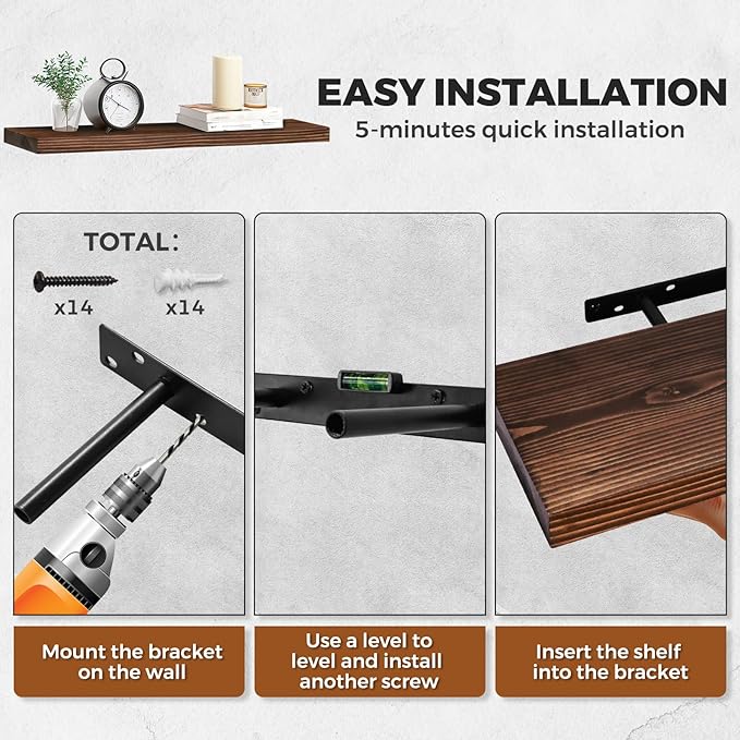 24"x6.8"x1.2" Solid Wood Floating Shelves 2-Pack - Rustic Brown Finish with Hidden Brackets, Perfect for Storage and Décor in Living Room, Kitchen, Bedroom-CasaMuseHome