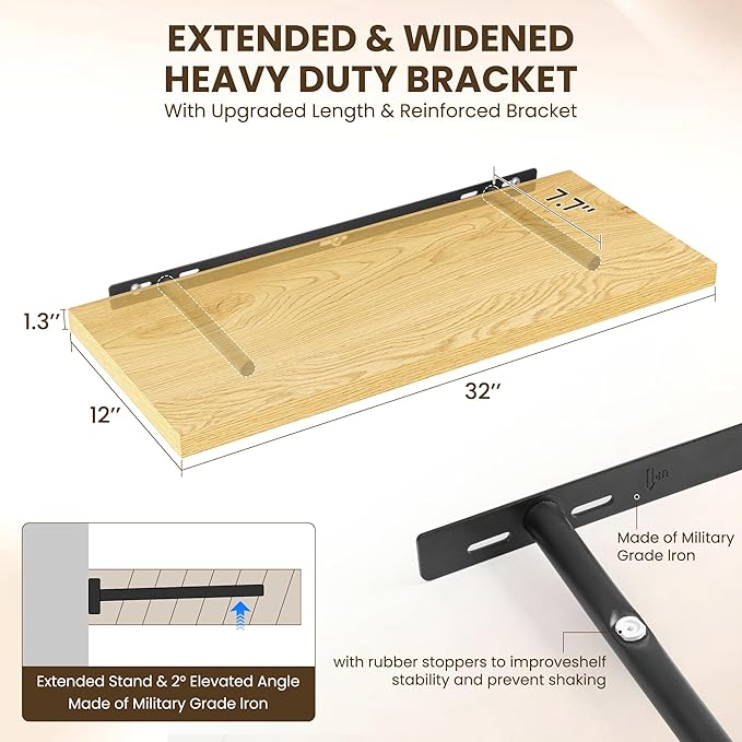 32" Floating Shelves for Wall, 12" Deep Slim Oak Floating Shelves, Wall-Mounted Shelves for Bedroom, Living Room, Kitchen, Bathroom - Set of 2-CasaMuseHome