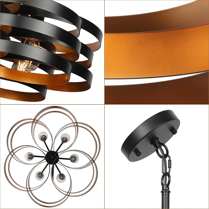 6-Light Modern Farmhouse Chandeliers for Dining Room, Rustic Multiple Rings Pendant Lighting, Industrial Metal Round Chandelier for Kitchen Entryway, Black with Gold Interior-CasaMuseHome