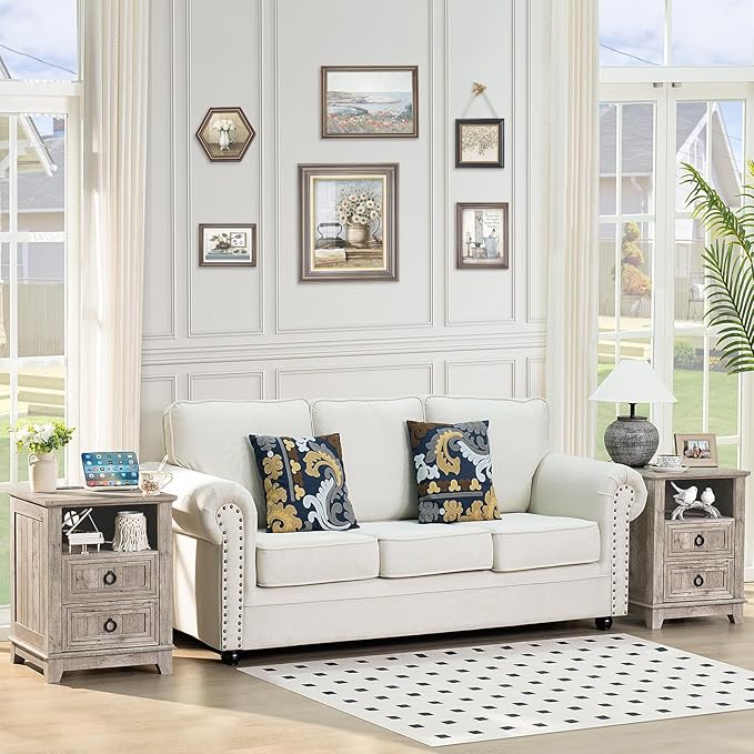 18" Farmhouse Night Stands Set of 2 with Charging Station, 2 Drawers End Table Dresser for Bedroom, Oak Wooden Nightstand, Bed Side Table with Open Shelf, Bedside Cabinet for Living Room-CasaMuseHome