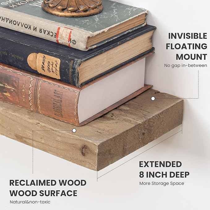 72 inch Floating Shelves for Wall, 8" Deep Rustic Reclaimed Barnwood Shelves, Floating Shelf Wall Hanging Shelves with Invisible Heavy-Duty Metal Bracket | Wall Mounted | Farmhouse Style, 1PC,Natural-CasaMuseHome