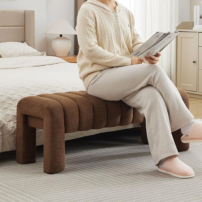 43.3" Bedroom Bench, Upholstered Entryway Bench, Modern End of Bed Ottoman with Solid Wood Legs and Adjustable Foot Pegs for Entryway, Dining Room and Living Room (Brown Boucle)-CasaMuseHome