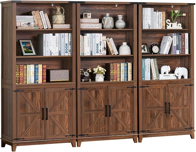 70in Tall Bookshelf 5 Tier Bookcase with Barn Doors and Adjustable Shelves, Brown Farmhouse Book Shelf with Storage Cabinet, Wood Freestanding Display Bookshelves for Bedroom, Kitchen (3PCS)-CasaMuseHome