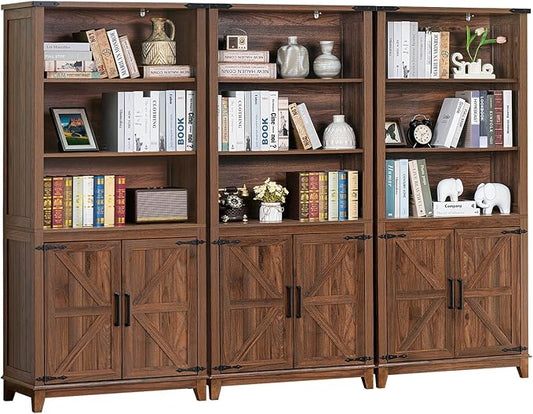 70in Tall Bookshelf 5 Tier Bookcase with Barn Doors and Adjustable Shelves, Brown Farmhouse Book Shelf with Storage Cabinet, Wood Freestanding Display Bookshelves for Bedroom, Kitchen (3PCS)-CasaMuseHome