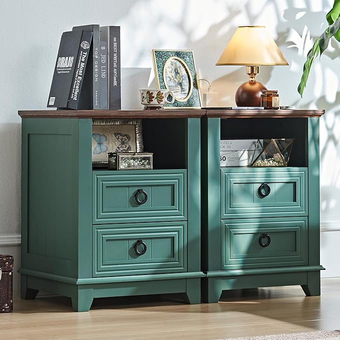 18" Farmhouse Night Stand with Charging Station, 2 Drawers Bedside End Table, Green Wooden Nightstand, Bed Side Table Cabinet with Open Shelf for Bedroom Living Room Office-CasaMuseHome