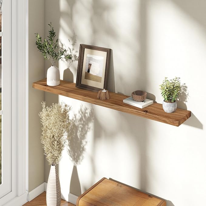 55" Floating Shelves for Wall, Rustic Elm Wood Floating Shelf for Home Decor, Wall-Mounted Display Shelves with Heavy-Duty Bracket, Long Floating Shelf for Bathroom, Kitchen, Natural Color-CasaMuseHome