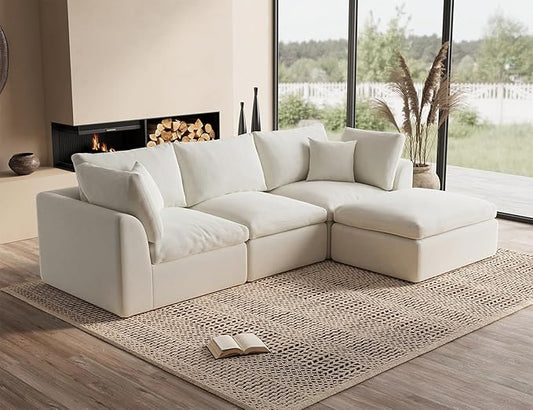 110" Cloud Sectional Couches for Living Room, Convertible L-Shape Couch with Ottoman, 3 Seater Modular Sectional Sofa, Warm White-CasaMuseHome