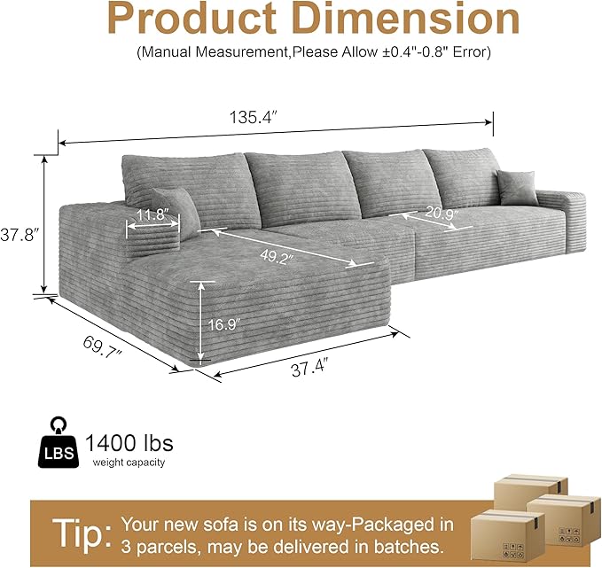 136" Sectional Couches for Living Room Modern Modular Sofa with L-Shape Couchs Upholstered Boneless Couch Deep Seat Sectional Couch with Chaise (Grey, Left Facing Chaise+3Seaters)-CasaMuseHome
