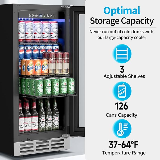 15 Inch Beverage Refrigerator Under Counter - 126 Cans Beverage Fridge with Glass Door for Beer Wine Soda - Built-in or Freestanding Wine Cooler with Safety Lock for Home Kitchen Bar-CasaMuseHome