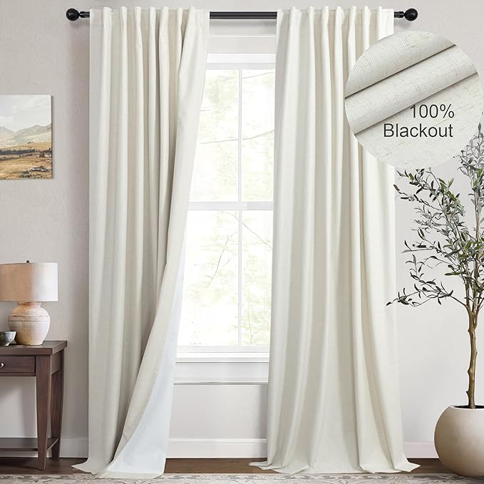 100 Inch Curtains Complete Blackout Linen Curtains for Bedroom 2 Panels Set Large Window Custom Length 100 Inches Long Neutral Cream Colored Thermal Drapes for Sliding Glass Doors Shades Blinds 52x100-CasaMuseHome