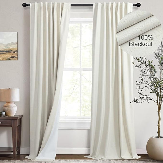 80 Inch Long Linen Blackout Curtains 2 Panels Set for 76-80 inch Window Drapes Back Tab Pleated Boho Room Darkening Thermal Curtains for Sliding Glass Door Custom Made Ivory Cream 52x80 in Length-CasaMuseHome