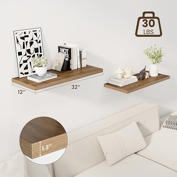 32" Floating Shelves for Wall, 12" Deep Slim Walnut Floating Shelves, Wall-Mounted Shelves for Bedroom, Living Room, Kitchen, Bathroom - Set of 2-CasaMuseHome