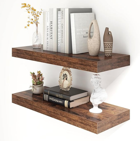 12 Inch Deep Floating Shelves for Wall | 30 Inch Floating Shelves Set of 2 | Rustic Wood Shelves for Living Room Bathroom Laundry Room Bedroom Kitchen Home Office - Rustic Brown-CasaMuseHome