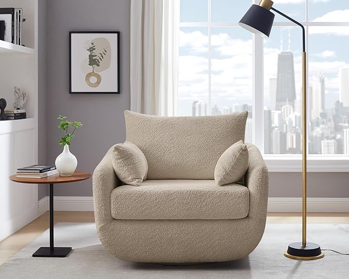 360° Swivel Accent Armchair, 39.3" Oversized, Sherpa Boucle Fabric Sofa Chair with Removable Back & Arm Pillows, Swivel Chair with Cozy Soft Padded, No Assembly Required (1, Camel)-CasaMuseHome