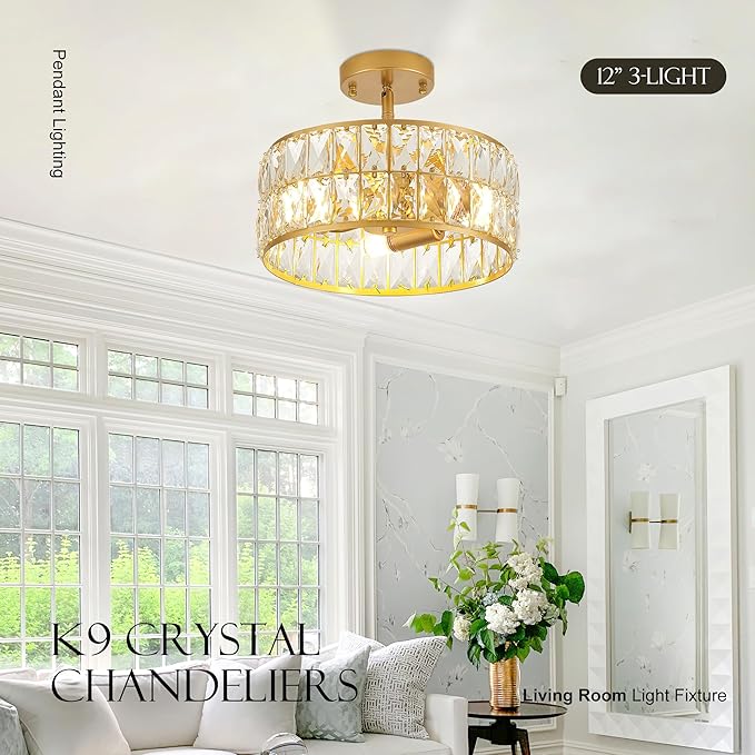 12” 3-Light Modern Crystal Chandeliers Gold Dinning Room Light Fixture, Round Pendant Light Kitchen Island Chandelier, Flush Mount Ceiling Light for Living Room Entryway Bedroom Foyer-CasaMuseHome