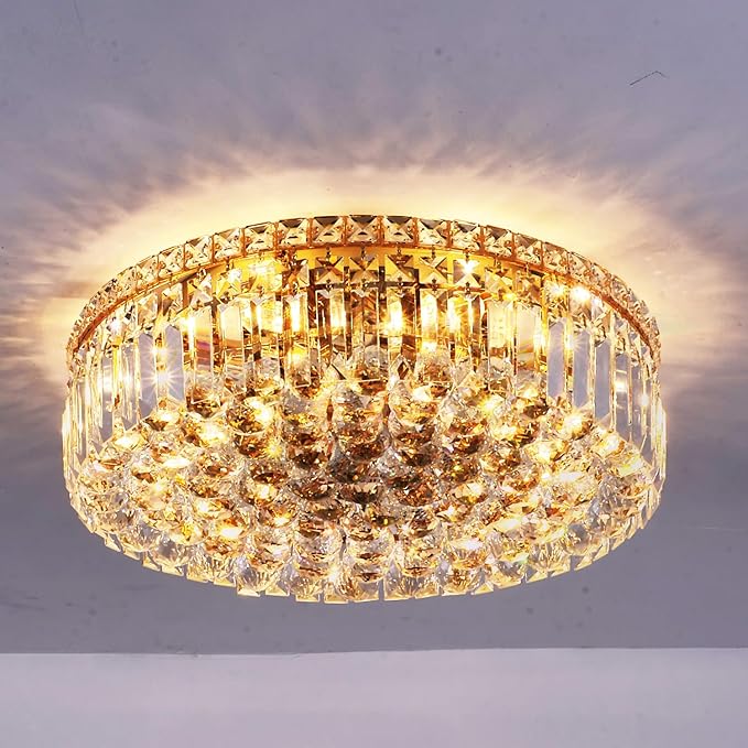 6-Lights Gold Crystal Flush Mount Chandelier Light Fixture K9 Crystals Modern Ceiling Lights Elegant Pendant Lamp for Bedroom,Hallway,Bar,Living Room,Dining Room,H5.9 xW20 (Bulbs Not Included)-CasaMuseHome