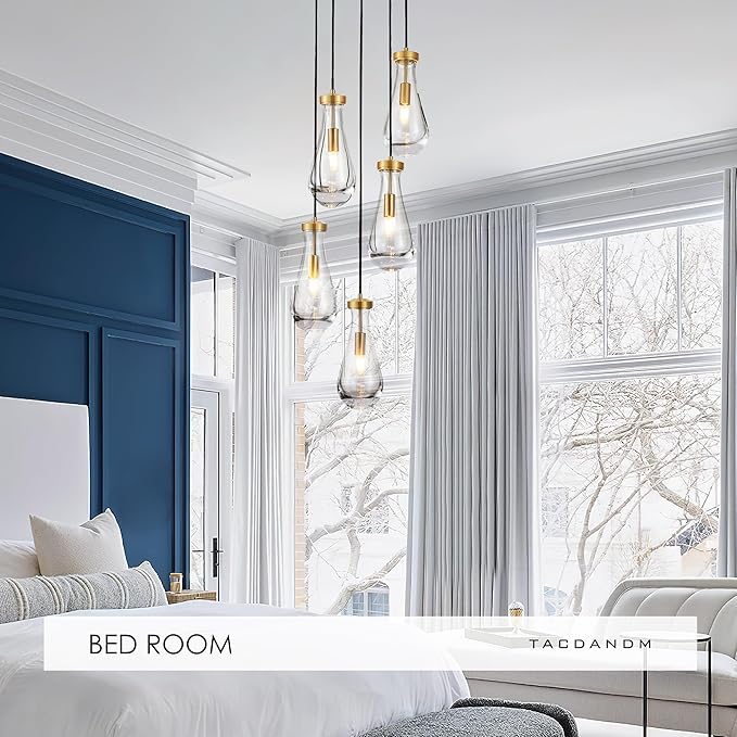 5-Light Raindrop Pendant Light Fixtures, Brass Glass Pendant Lighting, Teardrops Modern Hanging Light for Entryway Foyer Kitchen Island Dining Living Room Hallway-CasaMuseHome