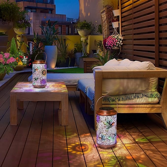 2Pack Solar Lanterns Outdoor Waterproof Hummingbird Colorful Garden Gifts for Mom, Multicolor Solar Lights Lantern for Backyard Garden, Pathway, Outside, Mothers' Day Gifts for Grandma Women-CasaMuseHome