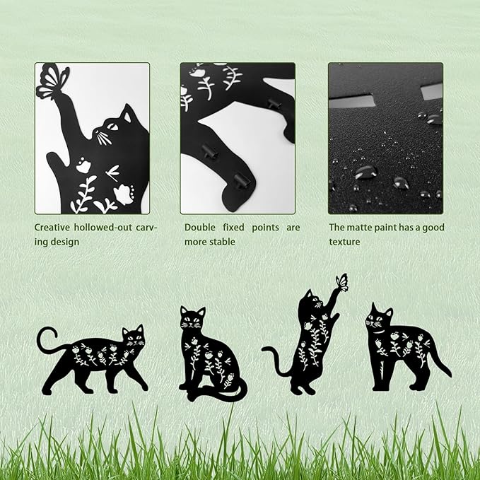 4 Pack Cat Metal Garden Decorative Stakes, Weather Proof Silhouette Statues for Yard, Patio,Outdoor Decor for Cat Lovers and Pet Owners-CasaMuseHome