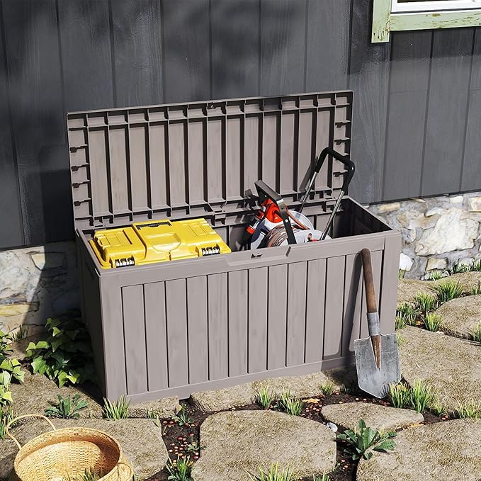 90 Gallon Lockable Resin Deck Box with Wheels, Waterproof & UV-Resistant Outdoor Storage Box for Outdoor Cushion Storage, Garden Tools & Pool Accessories Storage, Gray-CasaMuseHome