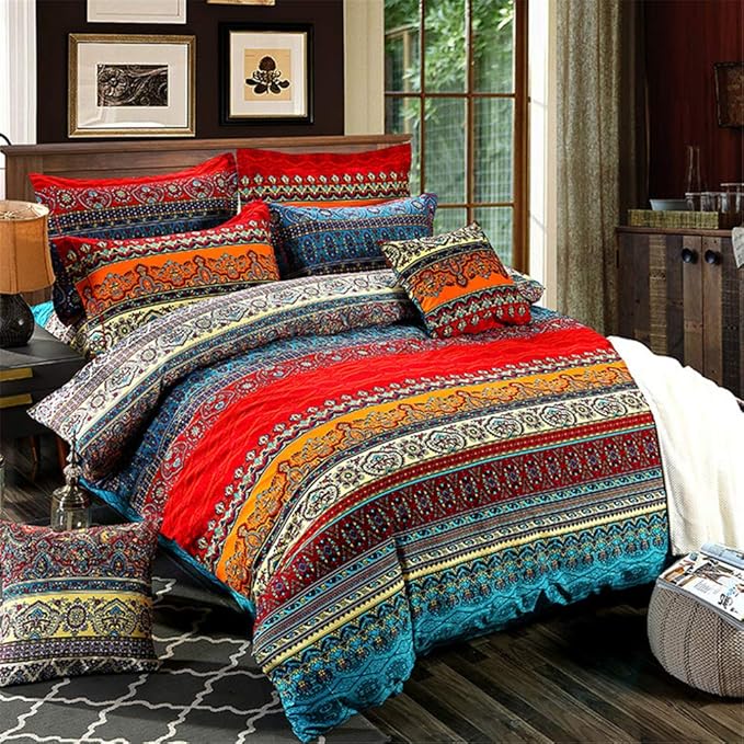 ABREEZE 3Pcs Bohemia Retro Bedding Ethnic Vintage Floral Duvet Cover Boho Bedding 100% Brushed Cotton Bedding Sets Damask Paisley Coloful Mandala Down Comforter Cover,Cal.King-CasaMuseHome