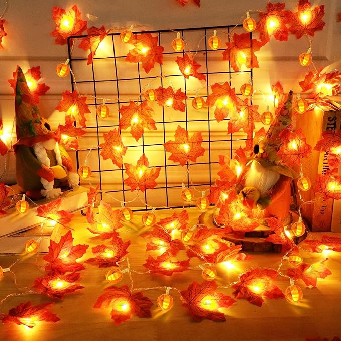 2 Pack Fall Garland with Pumpkin Lights Halloween Decorations Indoor 60 LED 20 Ft Enlarged Maples Leaves Fall Lights Battery Operated Halloween Garland Thanksgiving Decor Home Indoor Outdoor Christmas-CasaMuseHome