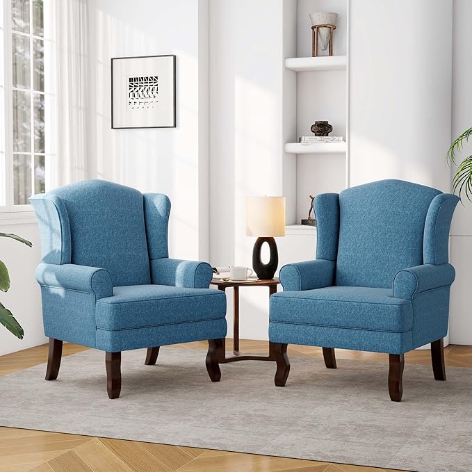 Accent Chair, High Back Upholstered Armchair with High Resilience Sponge & Wood Legs, Mid-Century Modern Comfy Single Sofa Reading Chairs for Living Room, Bedroom (Blue, Set of 2)-CasaMuseHome