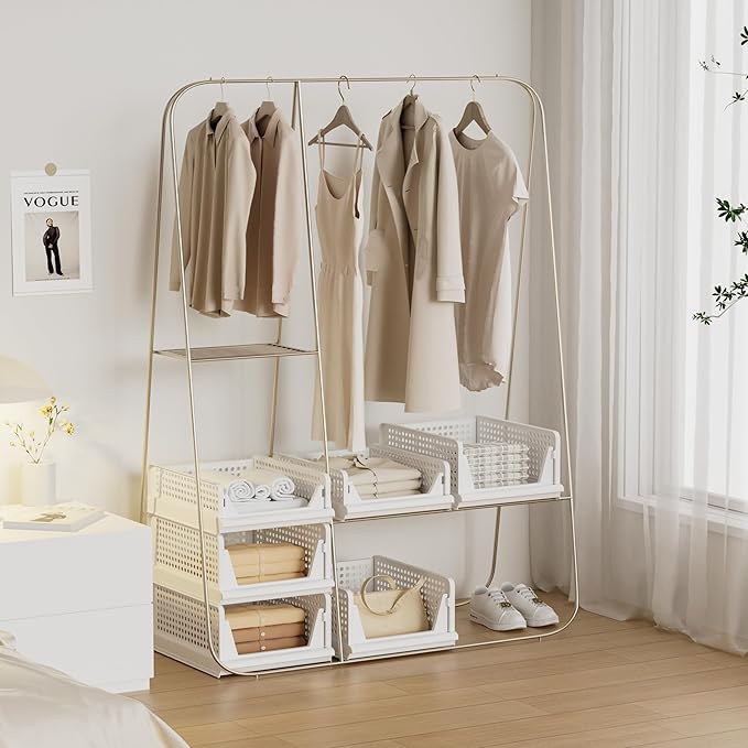 5 Pack Stackable Plastic Storage Basket Closet Organizer Bin Foldable Clothes Organizer Storage Drawer Shelf Container for Living room Bathroom Kitchen Office (4L+1S)-CasaMuseHome