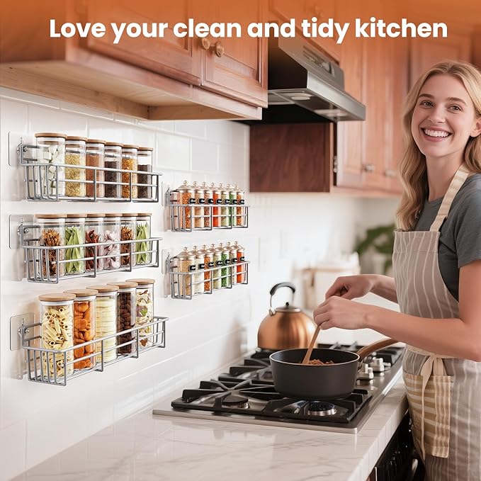 5 Pack Spice Rack Seasoning Organizer Wall Mount, Screw or Adhesive Hanging Shelf Basket Spice Organizer Shelf for Kitchen, Silver-CasaMuseHome