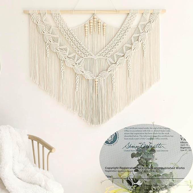 Achart Macrame Wall Hanging Large- Boho Wall Decor- large wall art- Wall Decor Living Room- Macrame Tapestry Boho Decor for Bedroom (Leaf &Wood Bead)-CasaMuseHome