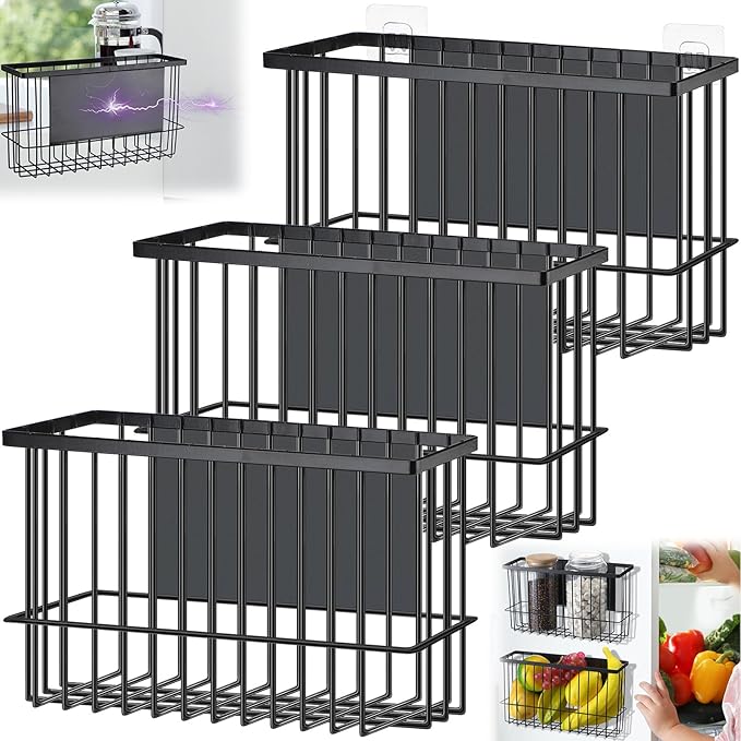 3 Pcs Magnetic or Adhesive Refrigerator Organizer Magnetic Baskets Kitchen Holder for Refrigerator Metal Shelf Rack Storage with 2 Types of Installation(Black)-CasaMuseHome