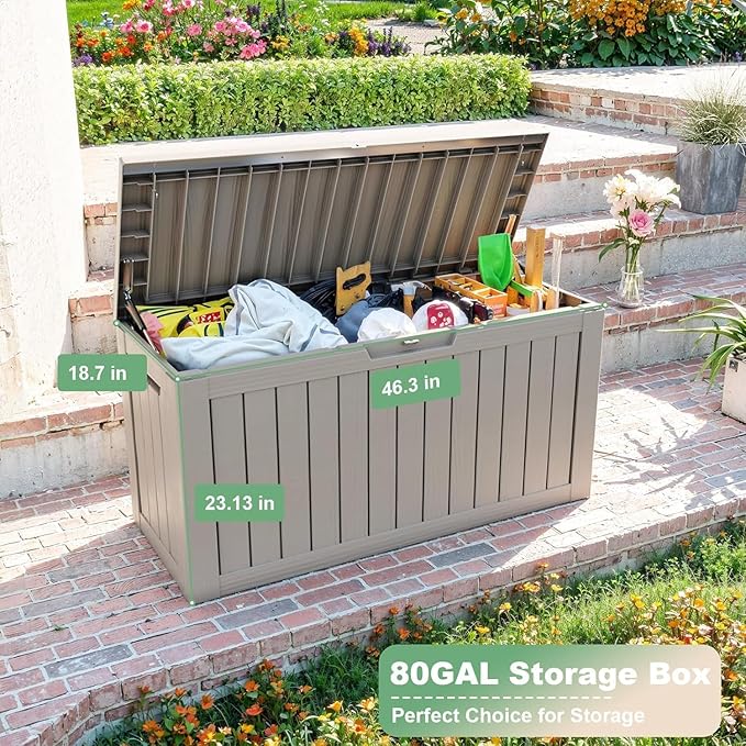 81 Gallon Outdoor Storage Box Waterproof, UV Resistant Resin Deck Box with Hydraulic Rod, Lockable Design and Enhanced Durability for Patio, Garden, and Poolside Use-CasaMuseHome