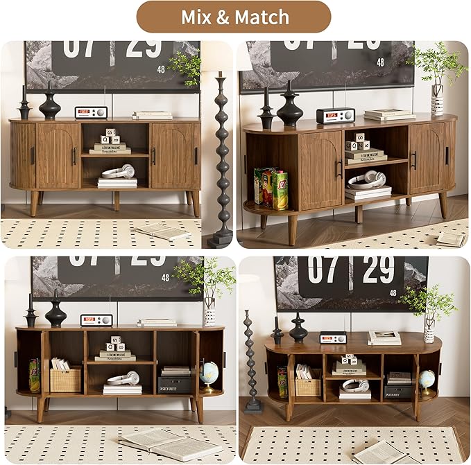 51" Fluted TV Stand, Mid-Century Modern Entertainment Center for Tvs up to 60" with Drawers and Fluted Doors, Curved TV Media Console Table with Sliding Doors for Living Room, Bedroom (51")-CasaMuseHome