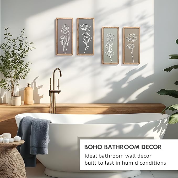 3D Wooden Floral Bathroom Wall Decor (Set of 4) Lightweight, Ready-to-Hang Framed Wall Art For Living Room, Bedroom, or Office - Premium Boho Botanical Farmhouse Decorations - Gift-Boxed-CasaMuseHome