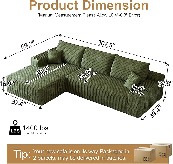 108" Sectional Couches for Living Room Modern Modular Sofa with L-Shape Couchs Upholstered Boneless Couch Deep Seat Sectional Couch with Chaise (Green, Left Facing Chaise+2Seaters)-CasaMuseHome