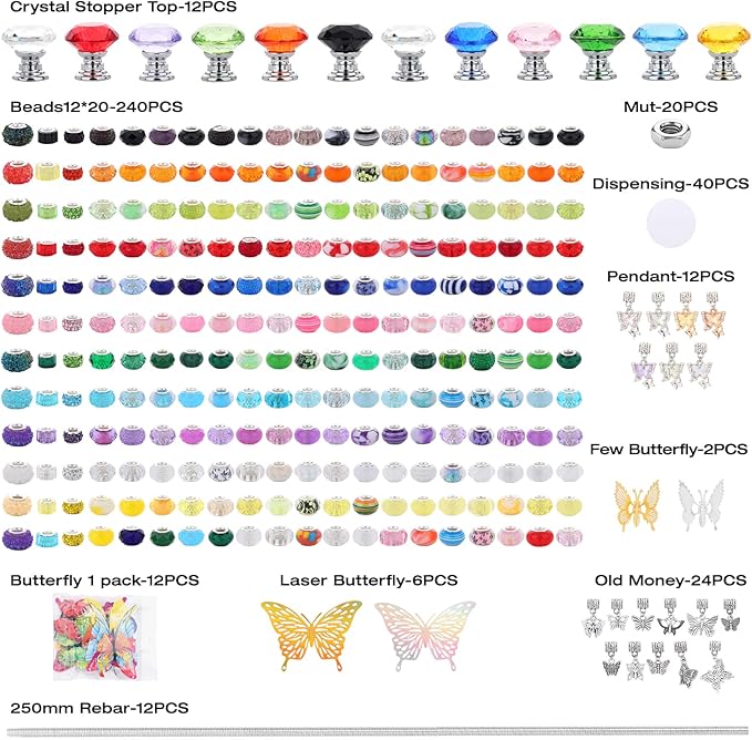 380pcs Beaded Garden Stake, DIY Butterfly Fairy Wand Garden Stake Kit with 10IN Threaded Rod Crystal Stopper Top Large Holes Beads Butterfly Decoration Pendants Outdoor Fairy Garden kit-CasaMuseHome