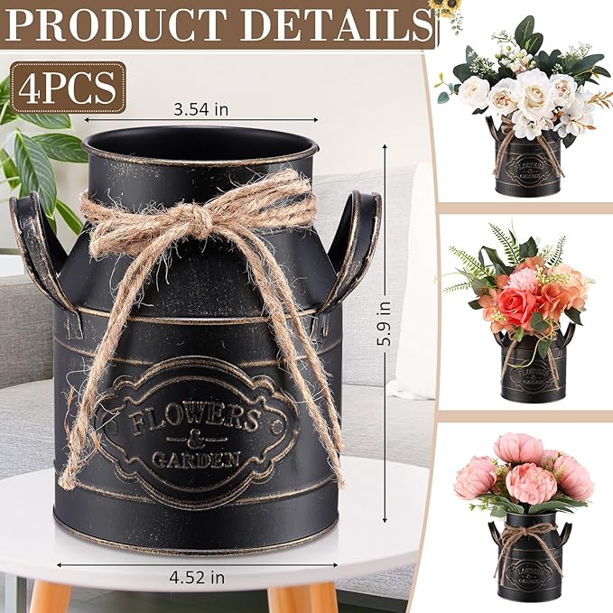 6 Inch Farmhouse Vase Decor Milk Can Vintage Flower Jug Galvanized Metal Vase with Handle Rustic Flower Buckets for Thanksgiving Christmas Table Centerpiece Weddings Gifts(Black,4 Pcs)-CasaMuseHome