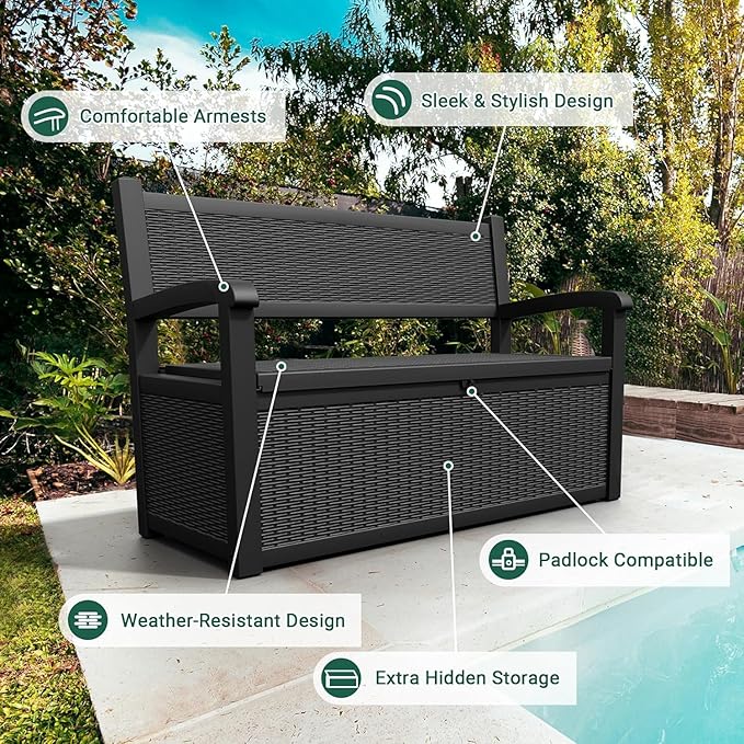 70 Gallon Lockable Outdoor Storage Bench Waterproof, Deck Box Bench for Patio, Porch, Garden, Poolside, Stores Tools & Pool Supplies, Heavy-Duty Outdoor Bench with Storage, Black-CasaMuseHome