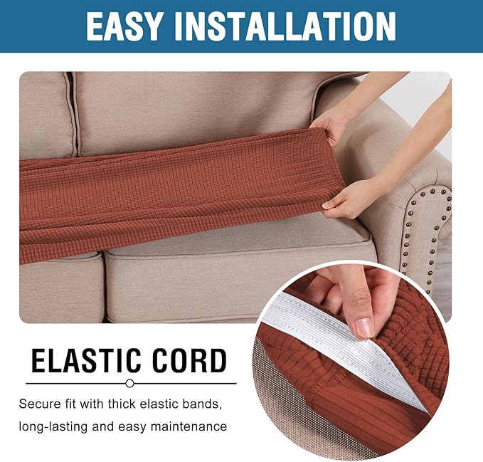 H.VERSAILTEX Super Stretch Individual Seat Cushion Covers Sofa Covers Couch Cushion Covers Slipcover Sets Thick Jacquard Textured Twill Fabric (1 Piece Loveseat Cushion Cover, Rust)-CasaMuseHome