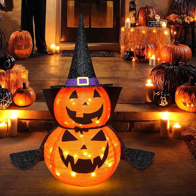 3FT Halloween Collapsible Pumpkin Decoration, 50 LED Pop-Up Pumpkin Lamp with Star Cap, Plug in Halloween Jack-O-Lantern with Metal Stand for Indoor Outdoor Garden Patio Party Decor-CasaMuseHome