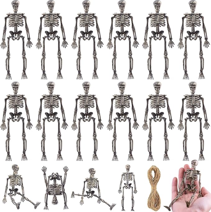 16 Pcs mini skeleton halloween decoration With hemp rope，6”small plastic posable halloween tiny skeleton figurines decor for Halloween Indoor Outdoor Graveyard Decor Haunted House Party Favors-CasaMuseHome