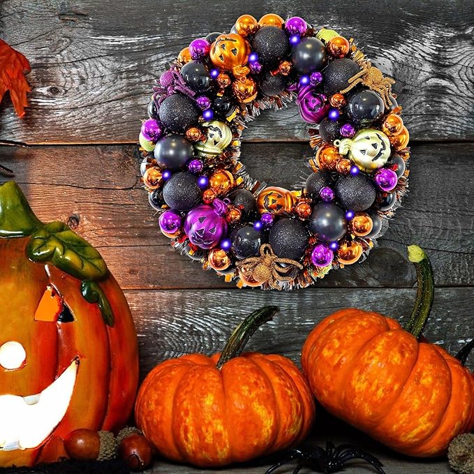 13.8 Inch Halloween Ball Wreath for Front Door with Lights, Lighted Cute Treat-or-Trick Door Wreath Ball Ornament for Halloween Indoor Decorations Centerpiece Party Holiday Wall Home Decor-CasaMuseHome