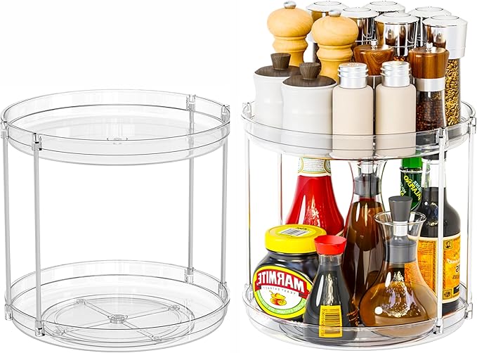 2 Tier Lazy Susan Turntable for Cabinet,Countertop,Pantry,9.5"W Spinning Seasoning Organizer,Double Rotating Kitchen Spice Rack Organizer and Condiments,Medicine,Vitamin Bottle Organizer Carousels,2Pc-CasaMuseHome