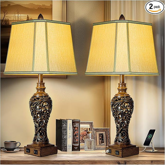 28.5'' Tall Farmhouse Vintage Table Lamp Set of 2 with Faux Silk Shade USB Ports Nightlight Decor for Bedside Living Room Bedroom Nightstands Office Home, Dark Bronze(Bulbs Included)-CasaMuseHome