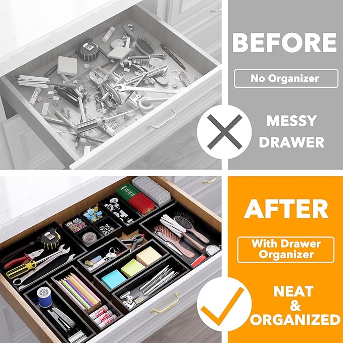 SpaceAid 14-Piece Bamboo Drawer Organizer Storage Boxes Set, Wood Tray Junk Drawer Organizers Multi-Use Divider Bins for Kitchen, Bathroom, Office Desk and Makeup Organization (14 Pack, Black)-CasaMuseHome